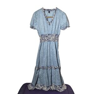 Red + Olive‎ Dress Womens Large Blue Chambray Maxi Smocked Waist Floral Boho